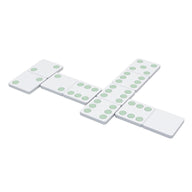 Ledge Loungers white Dominoes with green dots, resembling a Giant Dominos lawn game set, are neatly arranged in a T-shape on a clean white background.
