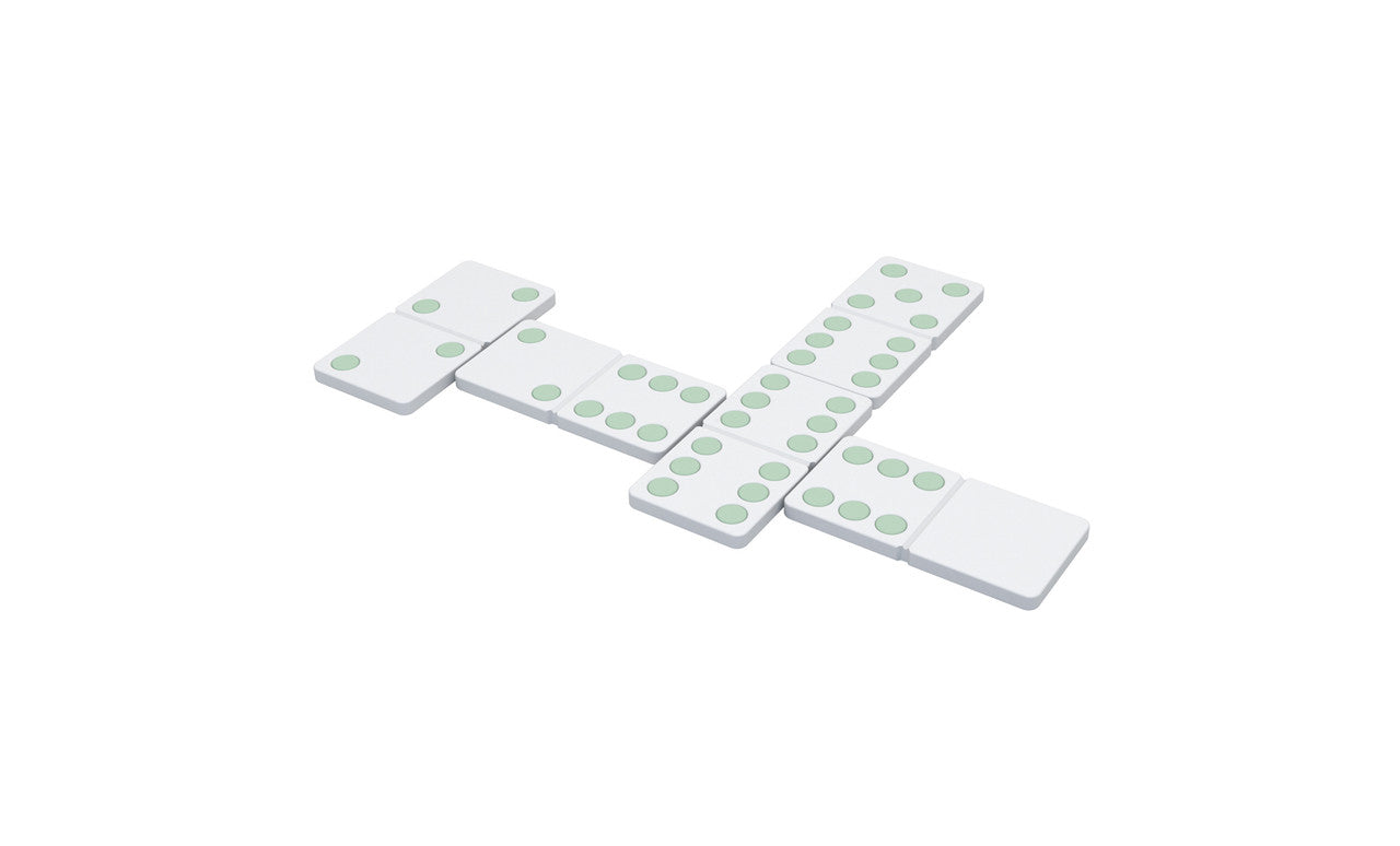 Ledge Loungers white Dominoes with green dots, resembling a Giant Dominos lawn game set, are neatly arranged in a T-shape on a clean white background.