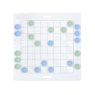 The Ledge Lounger Checkers & Tic Tac Toe game features a giant white board with subtle grid lines and blue and green circular pieces. The blue pieces are strategically placed, while the green ones line both edges, reminiscent of checkers.