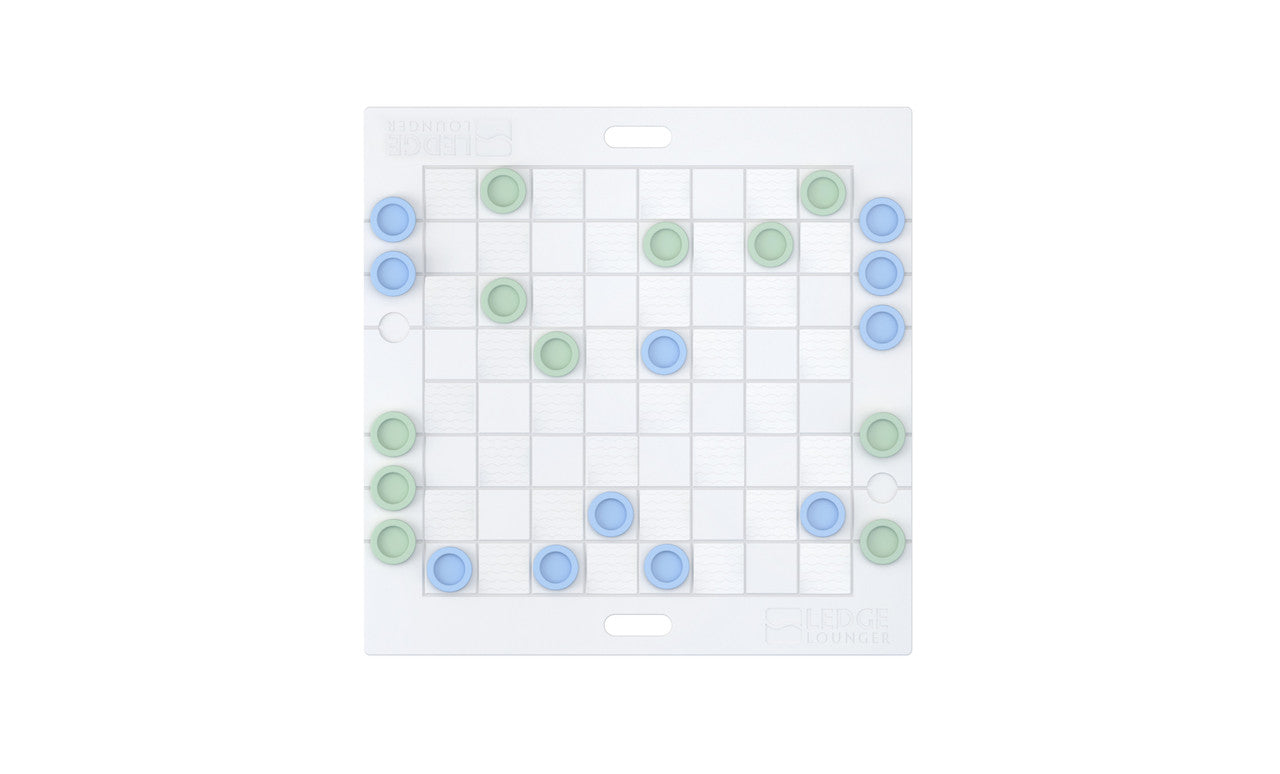 The Ledge Lounger Checkers & Tic Tac Toe game features a giant white board with subtle grid lines and blue and green circular pieces. The blue pieces are strategically placed, while the green ones line both edges, reminiscent of checkers.