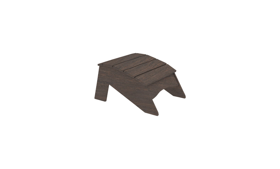 The Legacy Adirondack Ottoman by Ledge Lounger, a small, rustic, dark wooden piece with a simple two-step design and angled legs provides support while enhancing any outdoor relaxation setting.