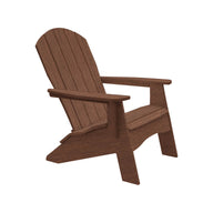 The Legacy Adirondack by Ledge Lounger is a rustic brown chair featuring a slatted design, angled backrest, and wide armrests. Ideal for patio gatherings, it offers comfortable and relaxed seating under the open sky.