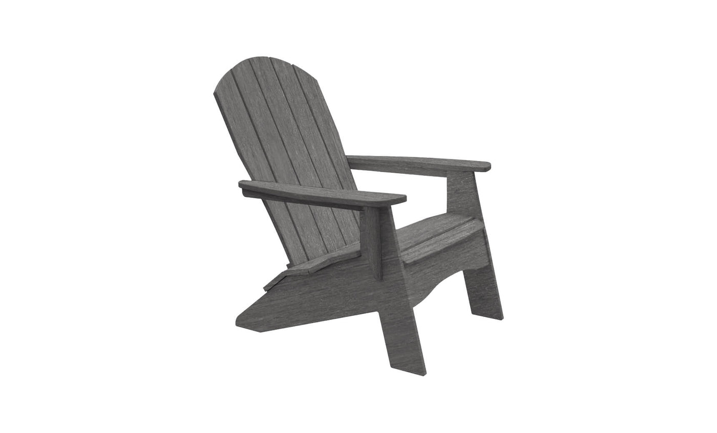 The Legacy Adirondack by Ledge Lounger is a gray chair featuring a slatted backrest and wide armrests, angled slightly to the right. Ideal for patio gatherings, it stands out beautifully against a pristine white background.