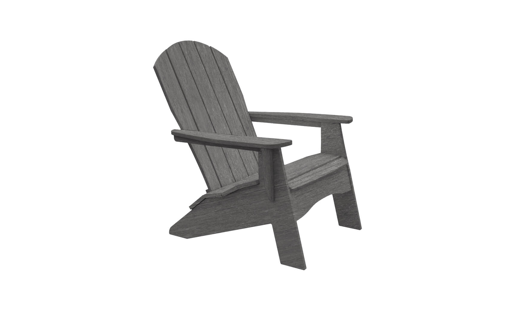 The Legacy Adirondack by Ledge Lounger is a gray chair featuring a slatted backrest and wide armrests, angled slightly to the right. Ideal for patio gatherings, it stands out beautifully against a pristine white background.