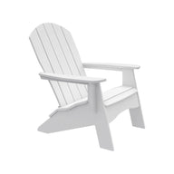 The Legacy Adirondack by Ledge Lounger is a pristine white chair featuring wide armrests and a slatted backrest, ideal for outdoor enthusiasts and patio gatherings.