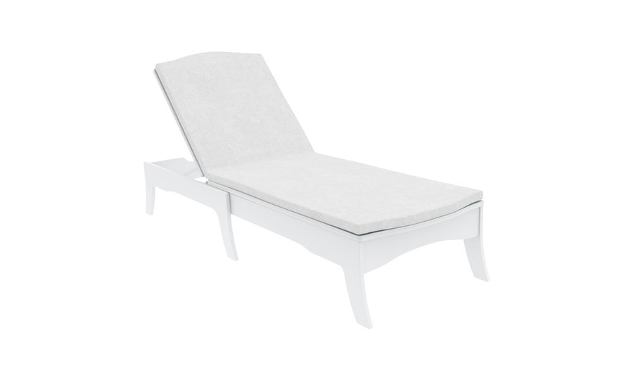 The Legacy Chaise Cushion by Ledge Lounger is a durable, white outdoor chaise lounge featuring a cushioned seat and adjustable backrest. Designed with sleek minimalism, it allows for customization to fit any style while being set against a plain white background.