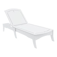 The Legacy Chaise by Ledge Lounger is a white wooden outdoor lounge with an adjustable backrest offering multiple reclining positions, smooth edges, and an elevated headrest for comfort and elegance in any outdoor space.