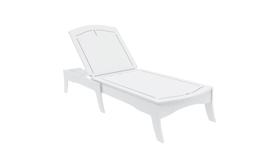 The Legacy Chaise by Ledge Lounger is a white wooden outdoor lounge with an adjustable backrest offering multiple reclining positions, smooth edges, and an elevated headrest for comfort and elegance in any outdoor space.