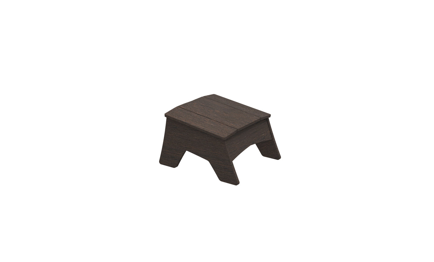 The Mainstay Adirondack Ottoman by Ledge Lounger is a compact, dark brown piece with a simple rectangular top and four robust legs, crafted from high-quality materials, ideal for any outdoor patio.