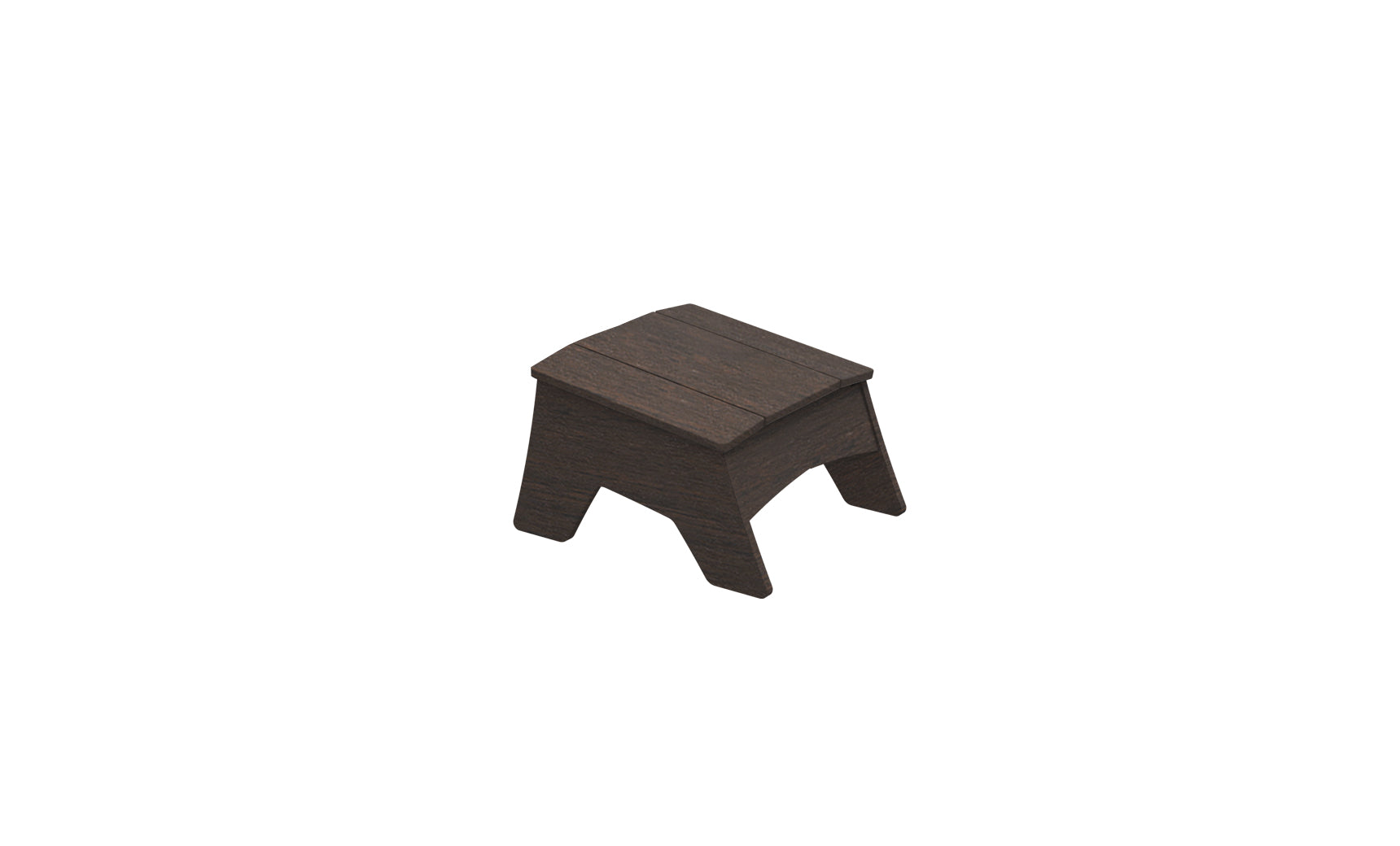 The Mainstay Adirondack Ottoman by Ledge Lounger is a compact, dark brown piece with a simple rectangular top and four robust legs, crafted from high-quality materials, ideal for any outdoor patio.
