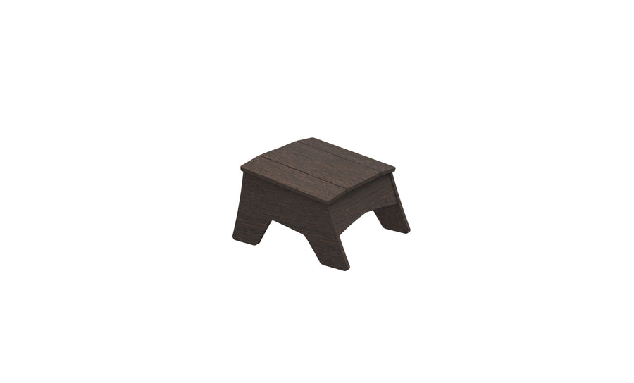 The Mainstay Adirondack Ottoman by Ledge Lounger is a compact, dark brown piece with a simple rectangular top and four robust legs, crafted from high-quality materials, ideal for any outdoor patio.