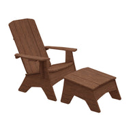 The Ledge Lounger Mainstay Adirondack Ottoman, paired with a wooden Adirondack chair, enhances your patio. The chair features wide armrests and a slanted backrest, while the ottoman provides a flat surface. Crafted from high-quality materials with a rustic brown finish.