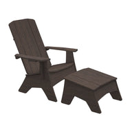 The Ledge Lounger Adirondack chair set, featuring a dark brown wooden Mainstay Adirondack Ottoman, is perfect for your patio. Crafted from high-quality materials, it has a classic design with a high back and wide armrests, while the ottoman complements it with its square shape.