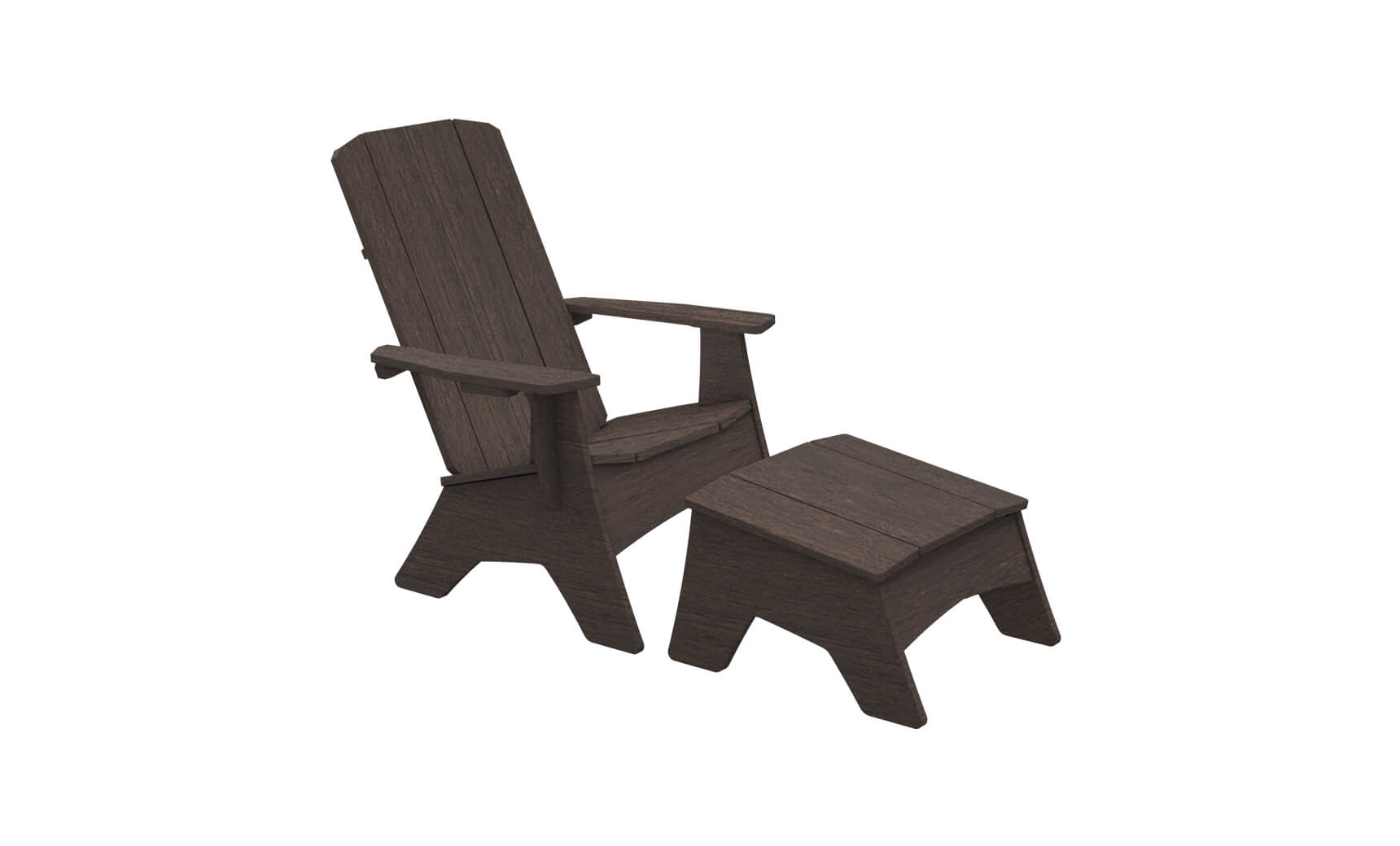 The Ledge Lounger Adirondack chair set, featuring a dark brown wooden Mainstay Adirondack Ottoman, is perfect for your patio. Crafted from high-quality materials, it has a classic design with a high back and wide armrests, while the ottoman complements it with its square shape.