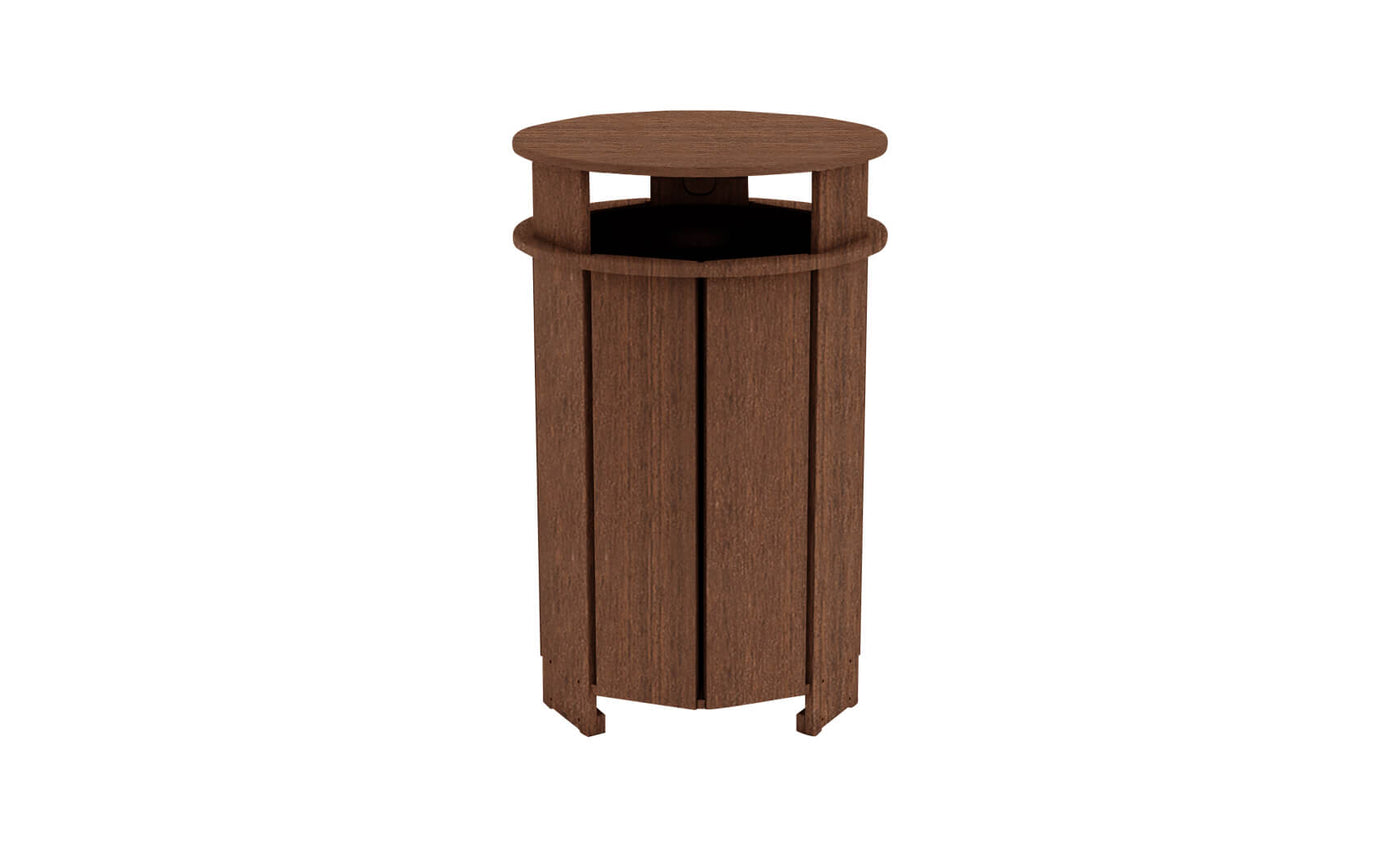 The Ledge Lounger Mainstay Trash Bin is a brown, wooden cylindrical design with vertical slats and an open top. It has a rounded rim, crafted for outdoor durability using UV stable materials, making it a functional patio trash can.