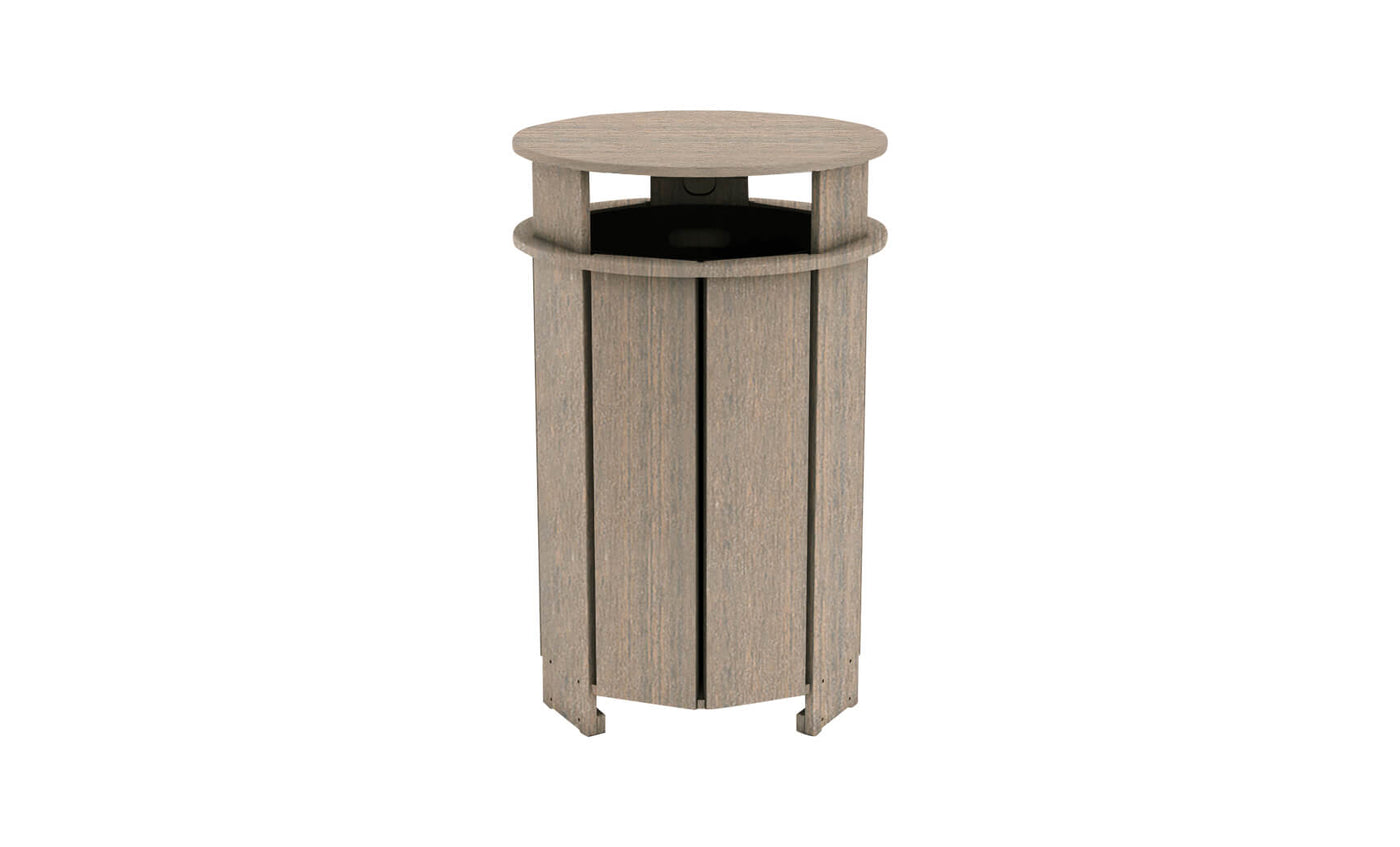The Mainstay Trash Bin by Ledge Lounger is a sophisticated wooden round pedestal stand with UV stable materials, vertical slats, and a small shelf below the top surface in a light brown finish—perfect for adding natural charm to your space.