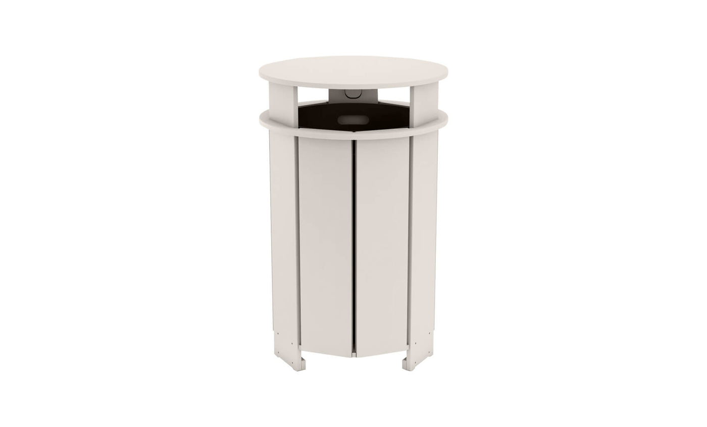 The Mainstay Trash Bin by Ledge Lounger is a tall, cylindrical ashtray featuring a light beige finish and UV stable materials. Its circular top and vertical grooves offer a modern design, perfect for outdoor or public spaces as a patio trash can complement.