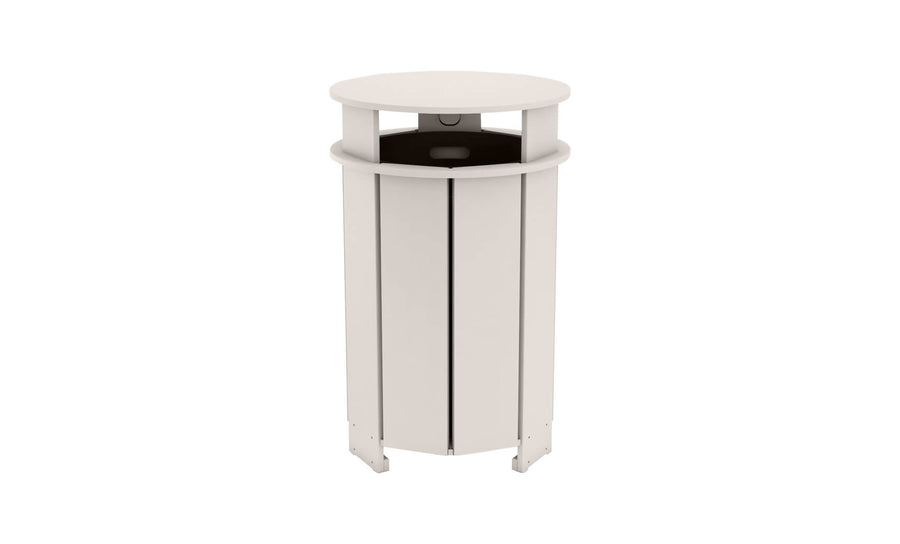The Mainstay Trash Bin by Ledge Lounger is a tall, cylindrical ashtray featuring a light beige finish and UV stable materials. Its circular top and vertical grooves offer a modern design, perfect for outdoor or public spaces as a patio trash can complement.