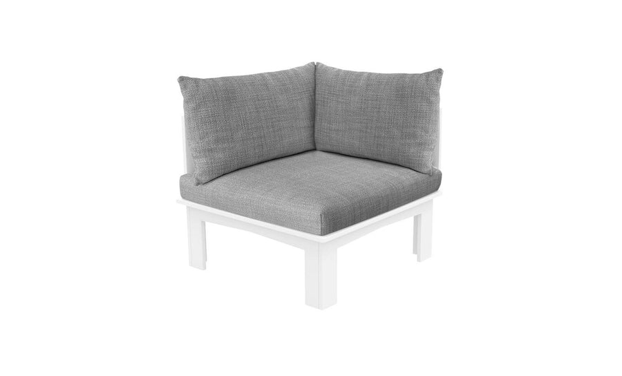 The Ledge Lounger Mainstay Sectional Relaxed Left Corner boasts a white frame and gray cushions for a modern, minimalist look, perfect indoors or out. Its versatile design allows infinite arrangements to adapt effortlessly to any space.