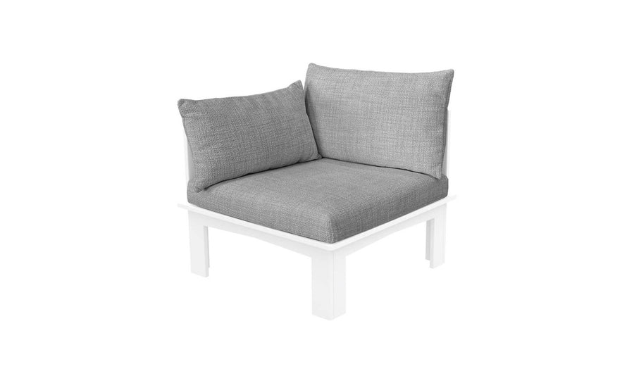 The Mainstay Sectional Relaxed Right Armchair by Ledge Lounger boasts a configurable design with a sleek white frame and plush gray cushions. Its modern style includes dual-sided backrests, creating an inviting corner seat that enhances any rooms aesthetics.