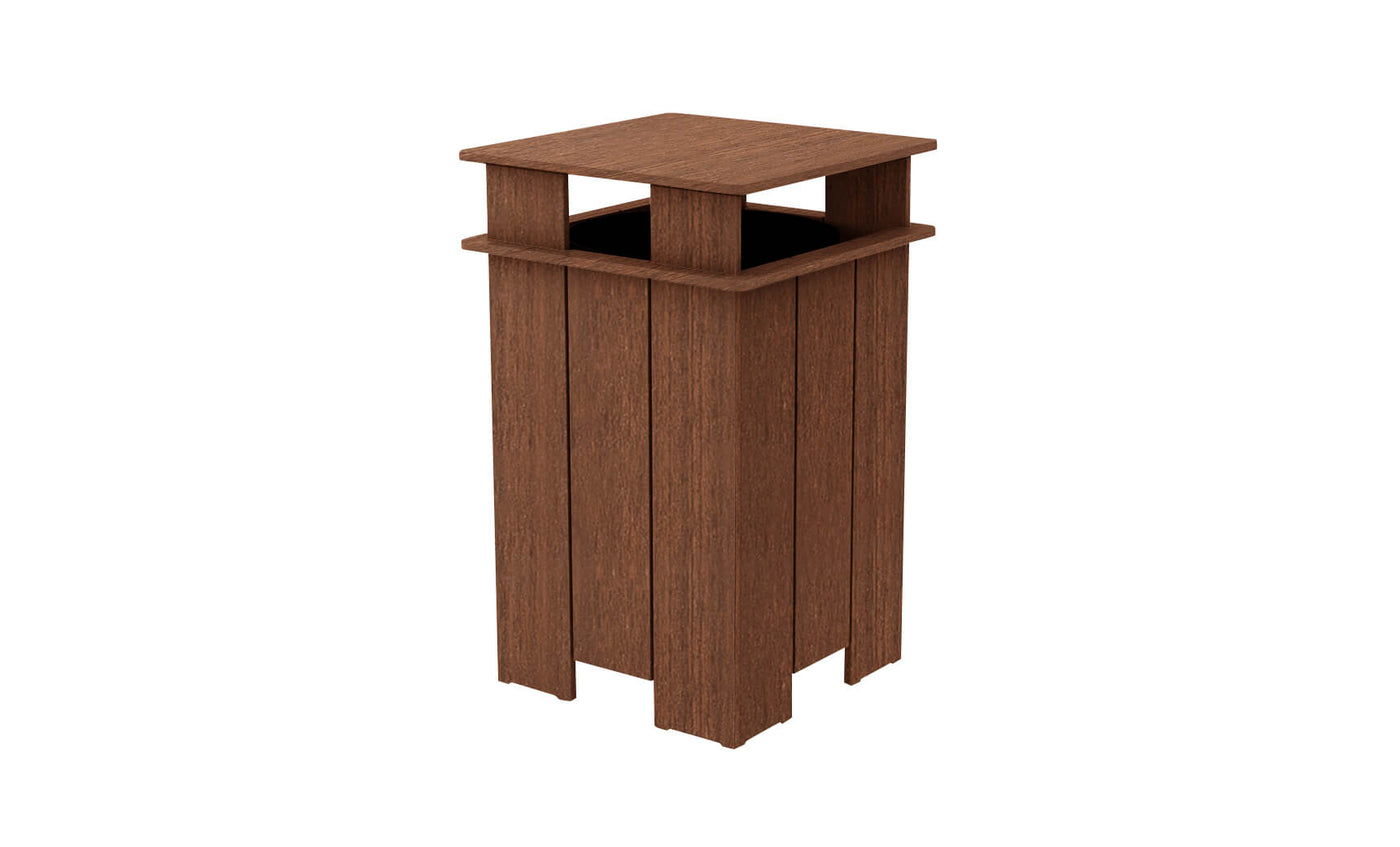 The Ledge Lounger Mainstay Trash Bin is a tall, square, brown wooden can with vertical slats and a flat top. Made with modern simplicity and UV stable materials, its ideal as a patio trash can for outdoor use.