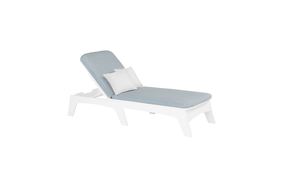 The Ledge Lounger Mainstay Chaise Cushion is a modern outdoor lounge featuring a light blue cushion, white frame, adjustable backrest for full-body comfort, and two small white pillows, all enhanced by a plain white background for easy customization.