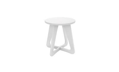 The Ledge Lounger Mainstay Stool features a minimalist white design with a round seat and three triangular legs against a plain backdrop. This sleek piece is perfect for patios, effortlessly enhancing any outdoor scene with its elegant style.