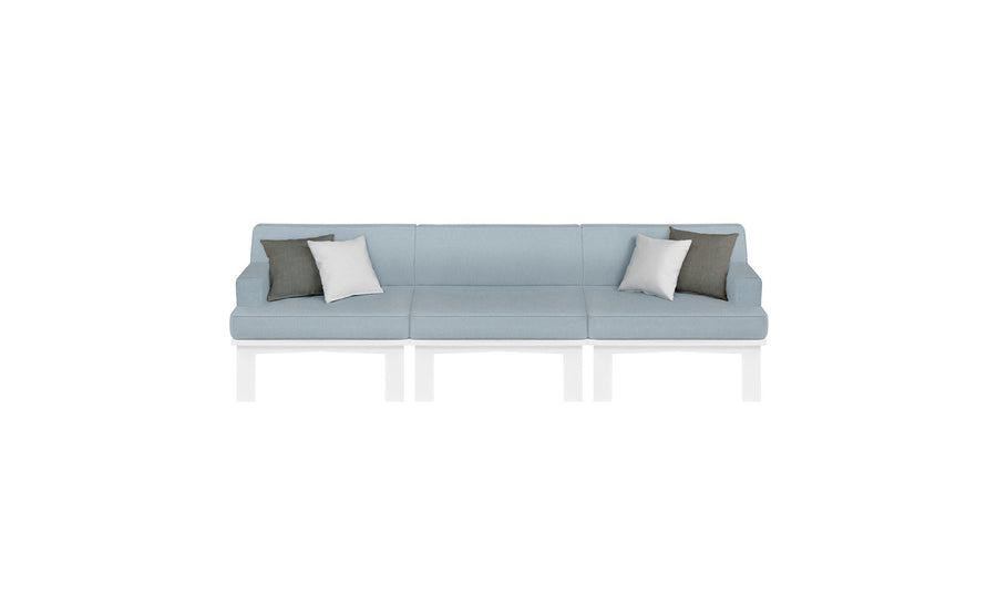 The Mainstay Sectional 3 Piece Sofa by Ledge Lounger is a long, light blue minimalist outdoor sectional set. It includes three sections and comes with two white and two gray throw pillows, styled for comfort against a plain white background.