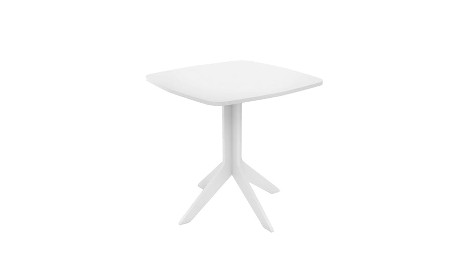 The Mainstay Square Bistro Table by Ledge Lounger is a minimalist white square table ideal for patios or outdoor spaces, featuring a smooth top and four legs elegantly meeting at a slim central column for support.