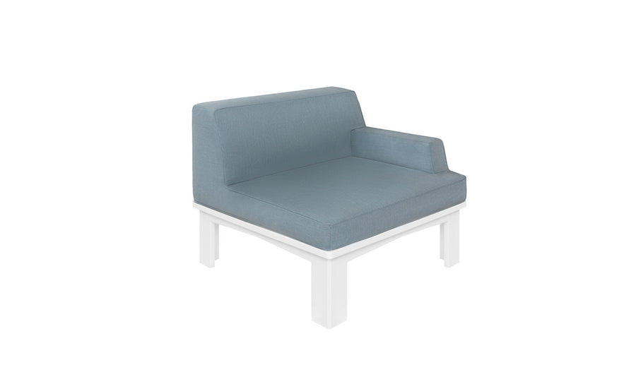The Ledge Lounger Mainstay Sectional Right Armchair features a sleek, minimalist design with a light blue cushioned seat and backrest. It includes a small armrest on one side and is supported by a sturdy white frame and legs, enhancing its modern aesthetic.