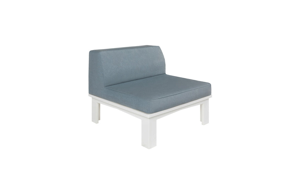 A modern armless chair by Ledge Lounger, featuring light blue upholstery and a pre-assembled white base, is displayed against a plain white background. Its thick, rectangular seat and back cushions resemble those of the Mainstay Sectional Middle.