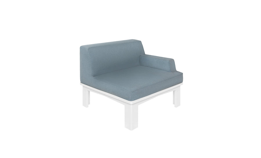 The Mainstay Sectional Left Armchair by Ledge Lounger is a gray upholstered modular piece featuring a right-side armrest. Its clean lines and white base suit modern interiors, perfectly complementing a cushion set for enhanced comfort.
