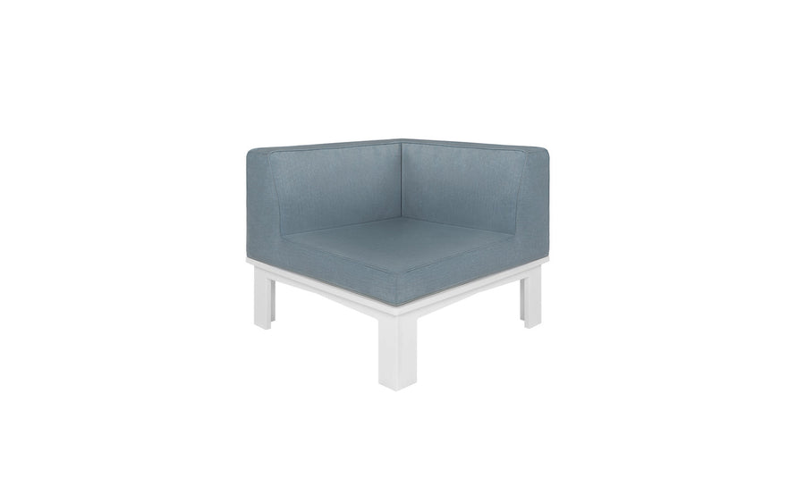 The Ledge Lounger Mainstay Sectional Corner is a modern minimalist chair with a light blue upholstered seat and backrest, sleek white metal frame, and three-piece cushion for versatile arrangements in any contemporary space.