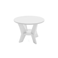Introducing the Ledge Lounger Mainstay Round Side Table, a sleek, modern minimalist piece perfect for any outdoor space. Its white design with angled legs and circular support shines against a plain white background, enhancing its minimalistic charm.