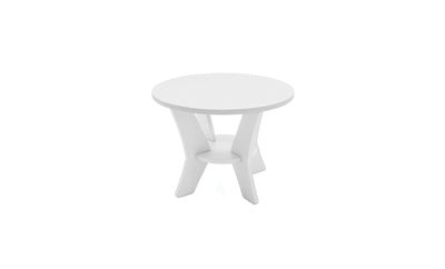 Introducing the Ledge Lounger Mainstay Round Side Table, a sleek, modern minimalist piece perfect for any outdoor space. Its white design with angled legs and circular support shines against a plain white background, enhancing its minimalistic charm.