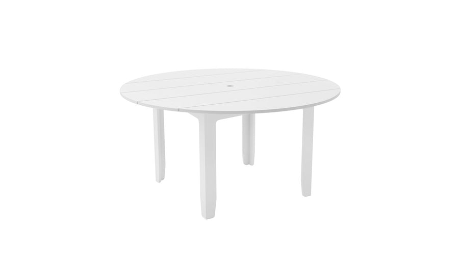 The Mainstay Round Dining Table by Ledge Lounger features a slatted surface and four sturdy legs, ideal for outdoor dining. It includes a built-in umbrella sleeve in the center for shade on sunny days.