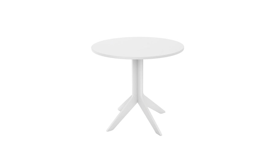 The Mainstay Round Bistro Table 30 by Ledge Lounger features a minimalist white round design with a smooth surface and a central leg branching into three sturdy, angled supports. Its simple, contemporary style makes it ideal for modern interiors. This product is available as part of the final sale.
