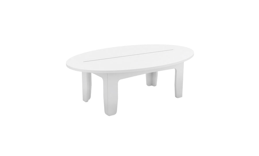 The Mainstay Oval Coffee Table by Ledge Lounger boasts a sleek white design with four sturdy legs. Perfect for contemporary interiors or outdoor essentials, its modern aesthetic and durable surface make it an ideal choice.