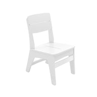 The Ledge Lounger Mainstay Dining Side Chair is a simple, white wooden chair with high-quality construction. It features a slatted backrest, squared seat, and slightly angled legs, perfect for minimalist outdoor dining on a plain white background.