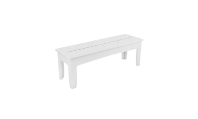 The Mainstay Dining Bench by Ledge Lounger is a simple, rectangular white bench with a flat top and sturdy legs. Its minimalist design lacks additional features or decorations, making it ideal for indoor and outdoor dining experiences.