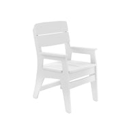The Ledge Lounger Mainstay Dining Armchair is a white wooden chair featuring armrests, a slatted back and seat, and four sturdy legs. Designed as an all-weather option, its perfect for outdoor dining against a plain white background.