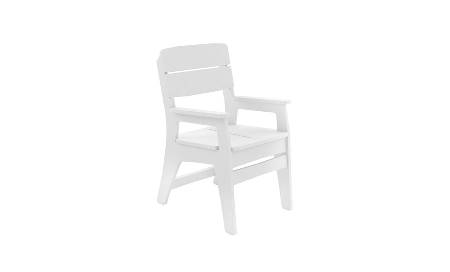 The Ledge Lounger Mainstay Dining Armchair is a white wooden chair featuring armrests, a slatted back and seat, and four sturdy legs. Designed as an all-weather option, its perfect for outdoor dining against a plain white background.