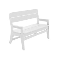 Introducing the Mainstay Bench from Ledge Lounger, an all-weather white wooden bench featuring a simple, modern design with slatted backrest and armrests, perfect for outdoor settings. It is showcased elegantly against a plain white background.