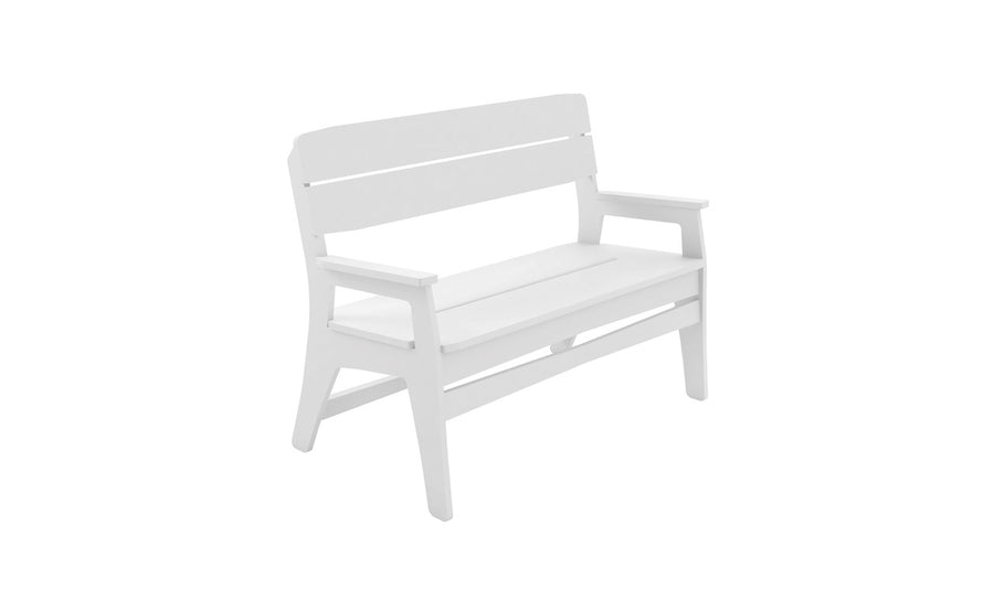 Introducing the Mainstay Bench from Ledge Lounger, an all-weather white wooden bench featuring a simple, modern design with slatted backrest and armrests, perfect for outdoor settings. It is showcased elegantly against a plain white background.