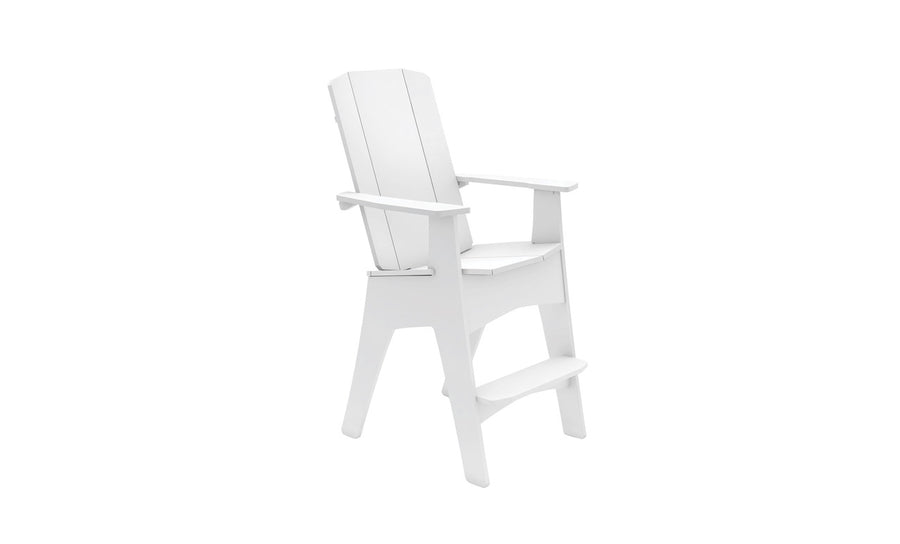 A white lifeguard chair with a tall backrest, armrests, and a step at the base. It is designed for elevated seating. The chair is positioned on a white background, emphasizing its clean, minimalist design.