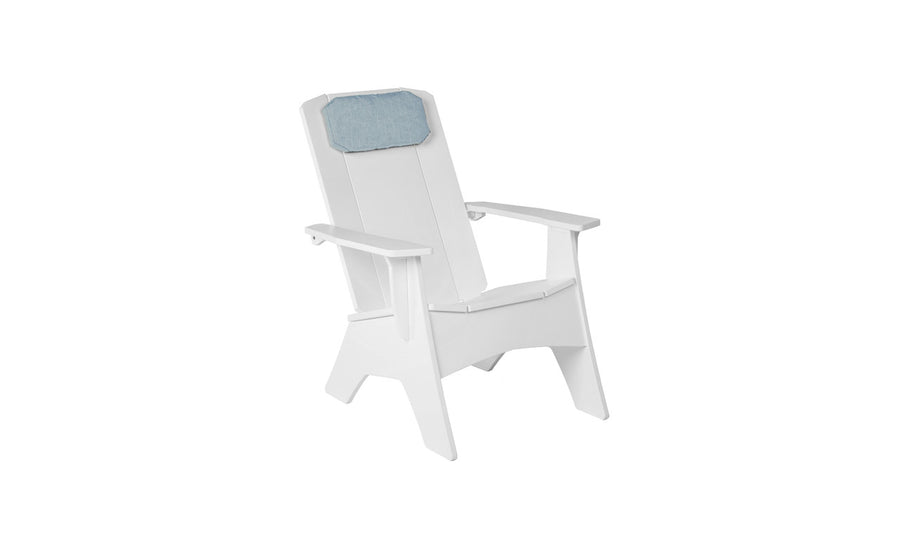 The Mainstay Adirondack Headrest Pillow by Ledge Lounger features a rectangular blue cushion with an adjustable strap for secure attachment. Its high-quality fabric boosts comfort, and the wide armrests and slanted seat ensure outdoor relaxation, shown against a plain white background.