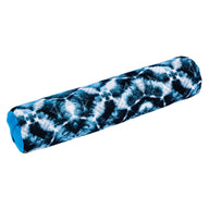A Laze Doodle, a cylindrical bolster pillow by Ledge Lounger, features a blue and white tie-dye pattern with blue end caps, isolated on a white background.