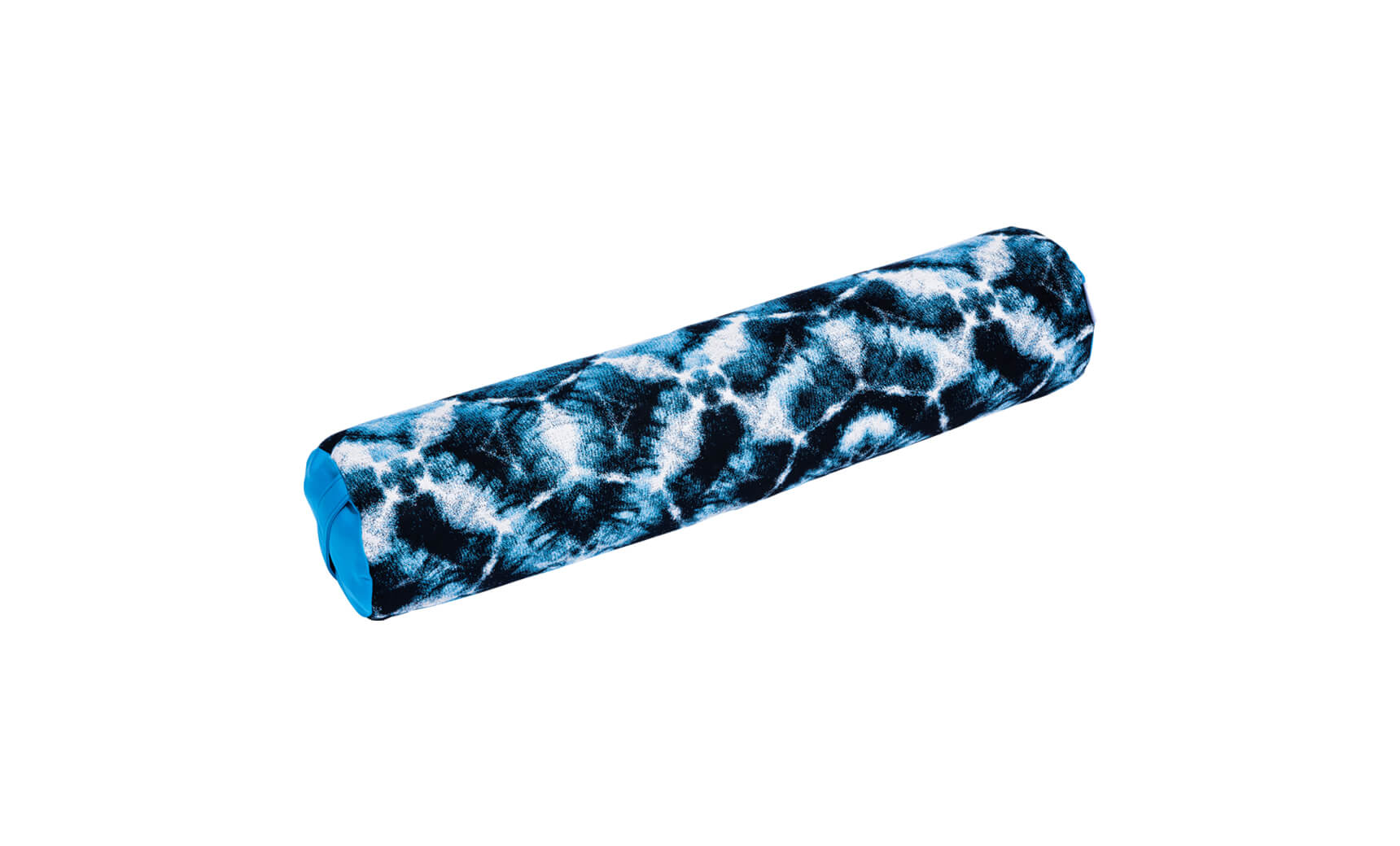 A Laze Doodle, a cylindrical bolster pillow by Ledge Lounger, features a blue and white tie-dye pattern with blue end caps, isolated on a white background.
