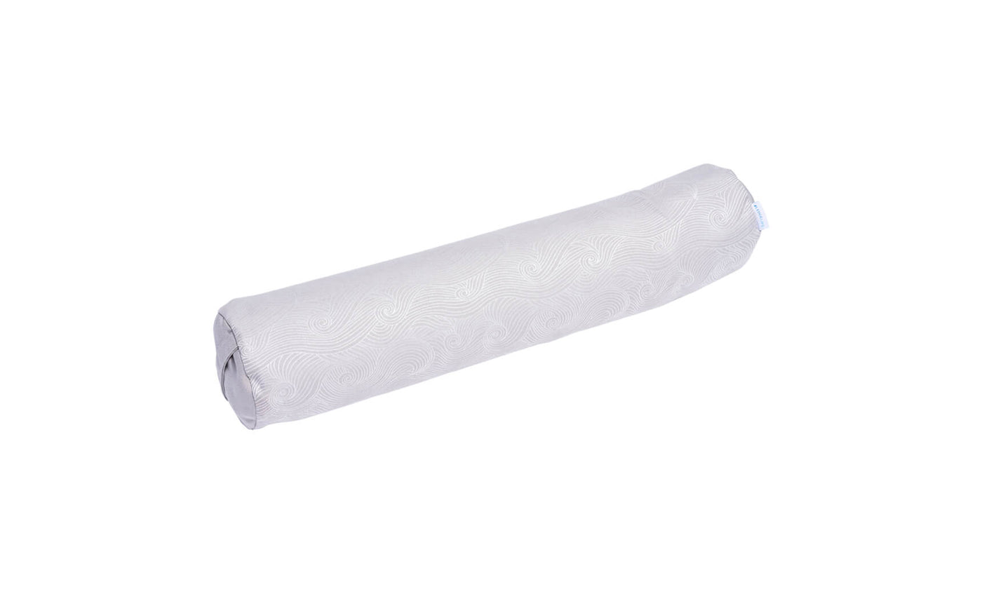 The Ledge Lounger Laze Doodle bolster pillow features a light gray pattern on smooth fabric, elegantly showcased against a plain white background to reveal its full cylindrical shape.