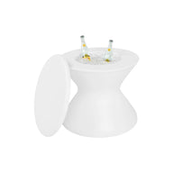 A white, UV-resistant, hourglass-shaped cooler featuring Ledge Loungers Signature Side Table Lid reveals ice and two bottles inside when set aside. Its minimalist design emphasizes functionality, making it perfect for any modern outdoor scene.